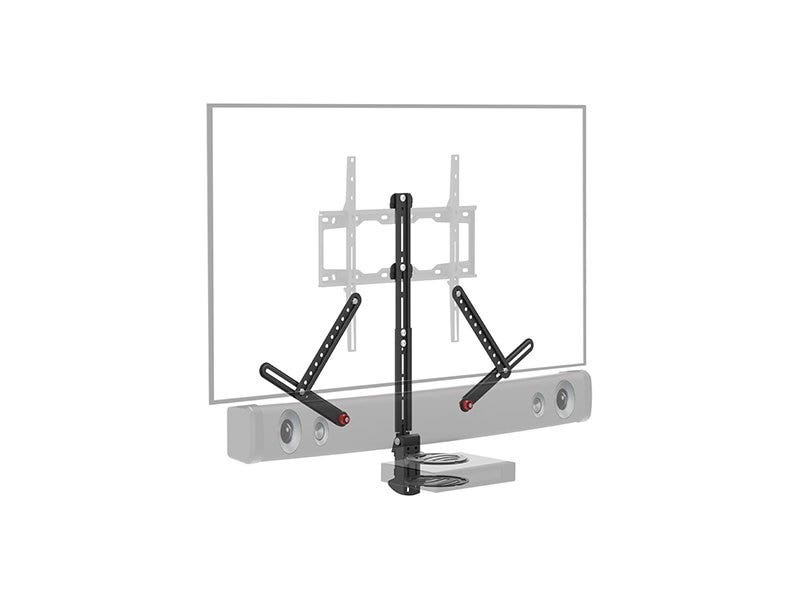 soporte de doble brazo para tv plana de 13" a 80" y barra de sonido.